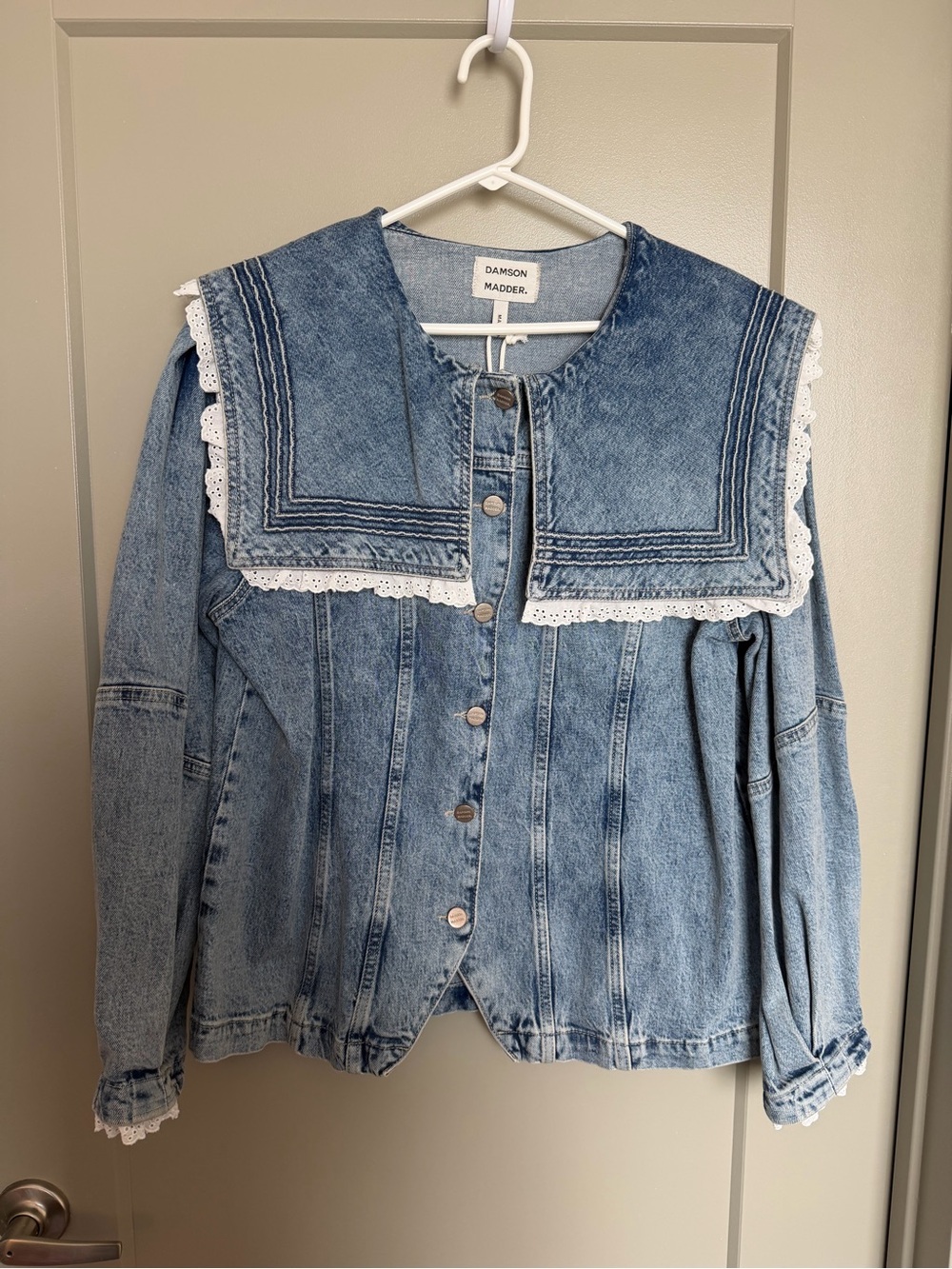 DAMSON MADDER Broderie Sailor Jacket Blue Denim Lace-Trim Button Front Top